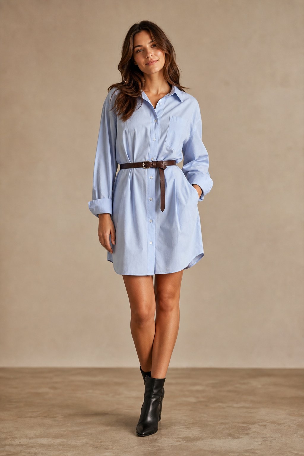 Young woman in her 20s wearing a belted oxford shirt dress with ankle boots for an effortless fall date night