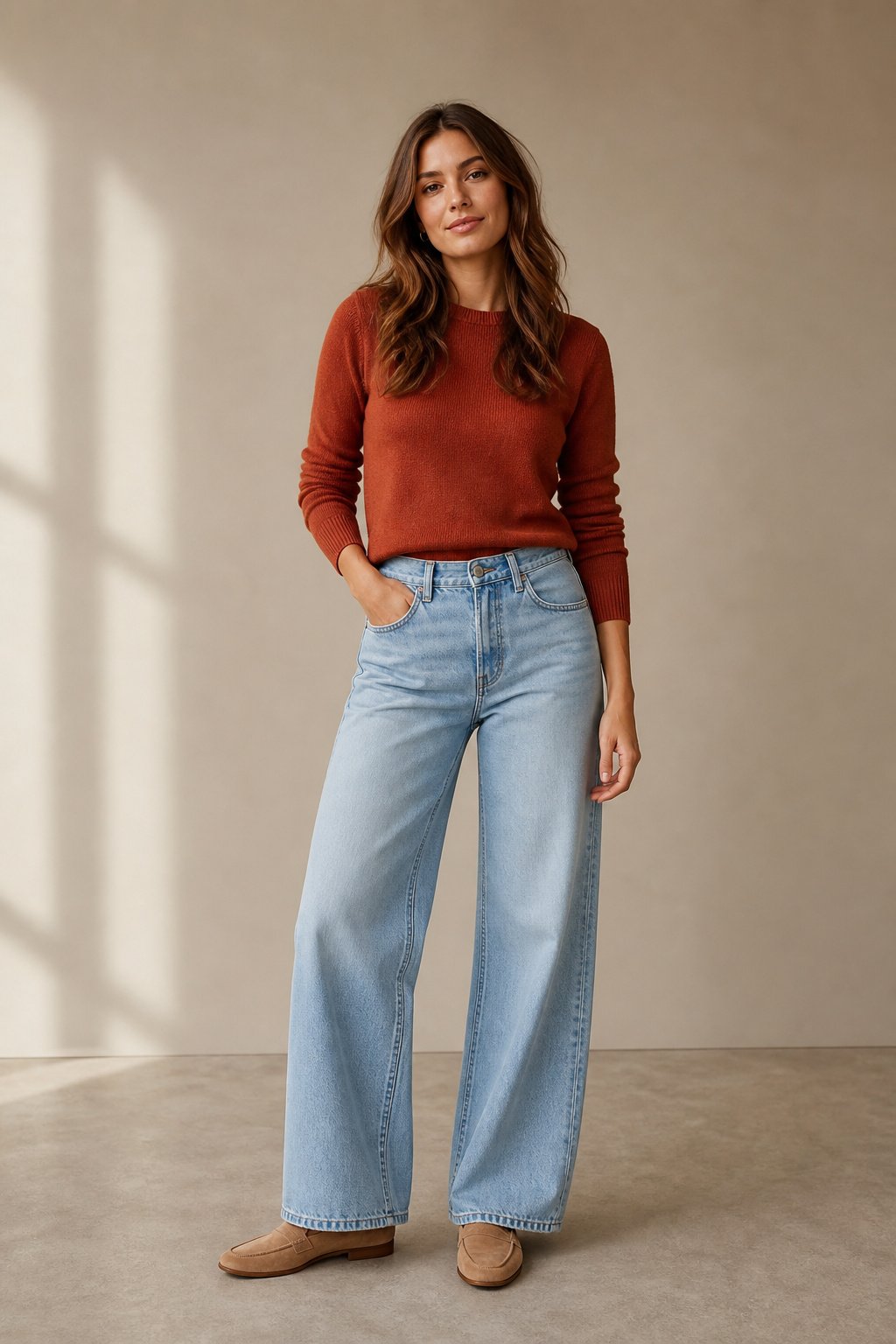 Young woman in her 20s wearing wide leg jeans with a fitted fine gauge sweater and slip on loafers for a fall date night