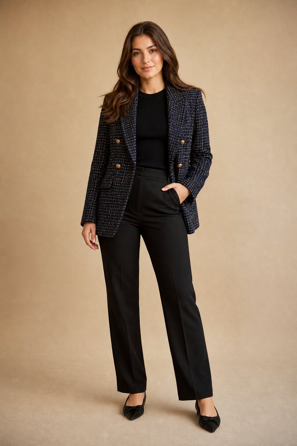 Young woman in her 20s wearing a tweed blazer over a fitted knit with straight leg trousers for an upscale fall date night