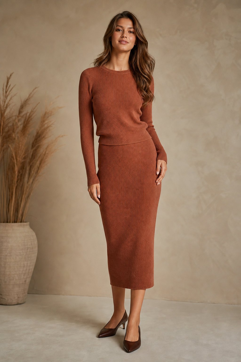 Young woman in her 20s wearing a matching knit top and knit midi skirt set with low heels for a fall date night