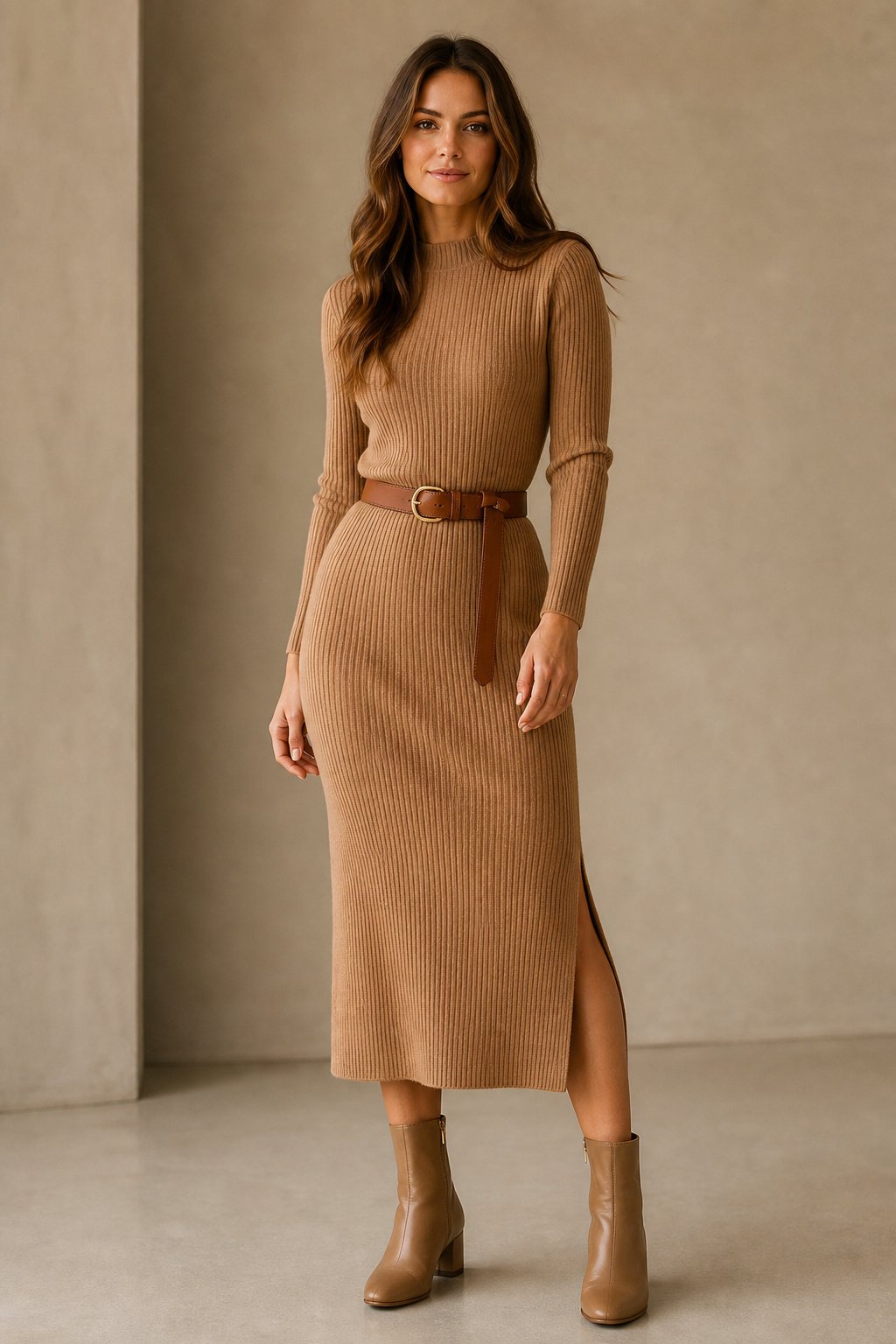 Young woman in her 20s wearing a soft knit dress belted at the waist with low block heels for a fall date night