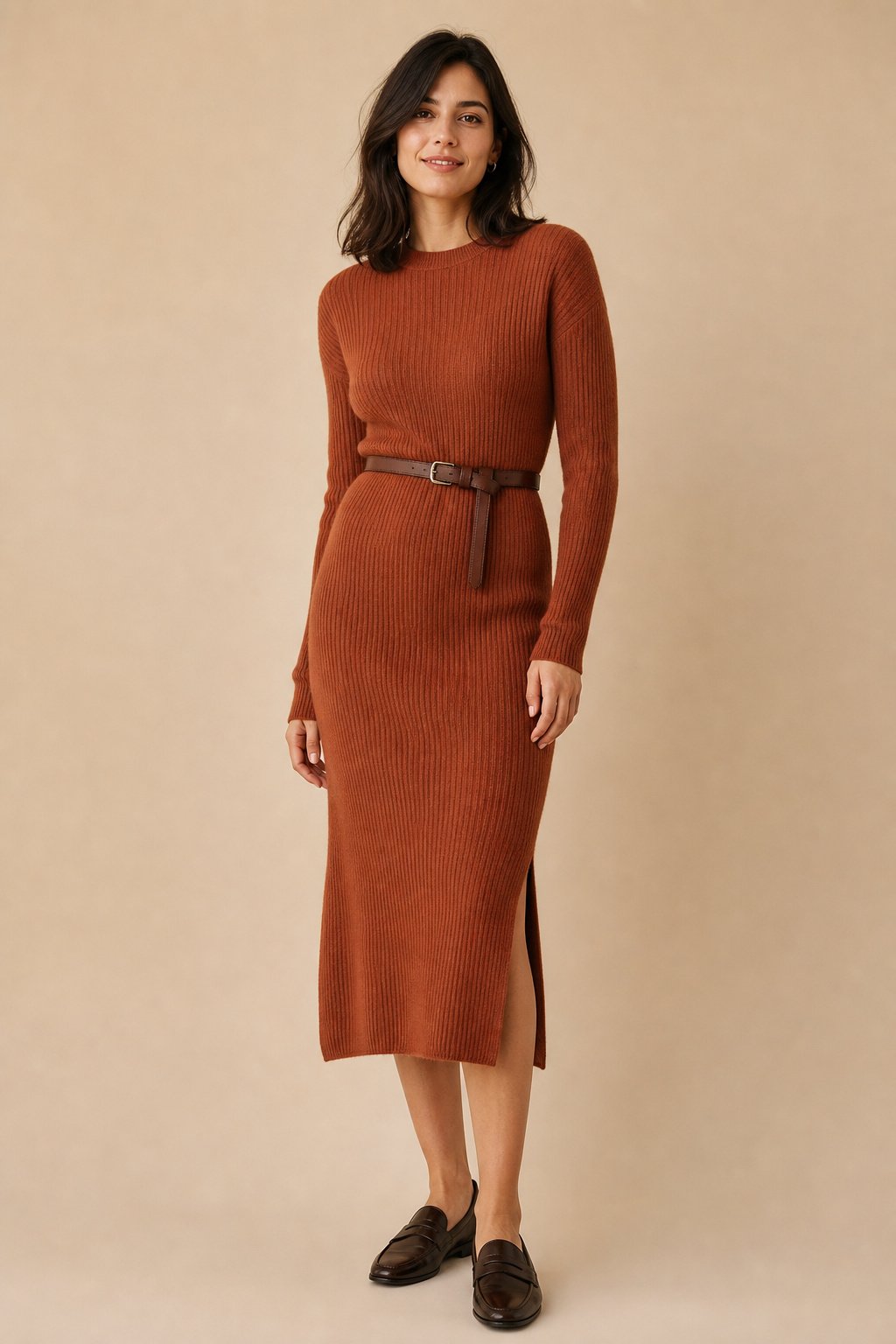 Woman in her 20s in a rust ribbed knit midi dress with a slim belt and flat loafers for a day to night fall transition