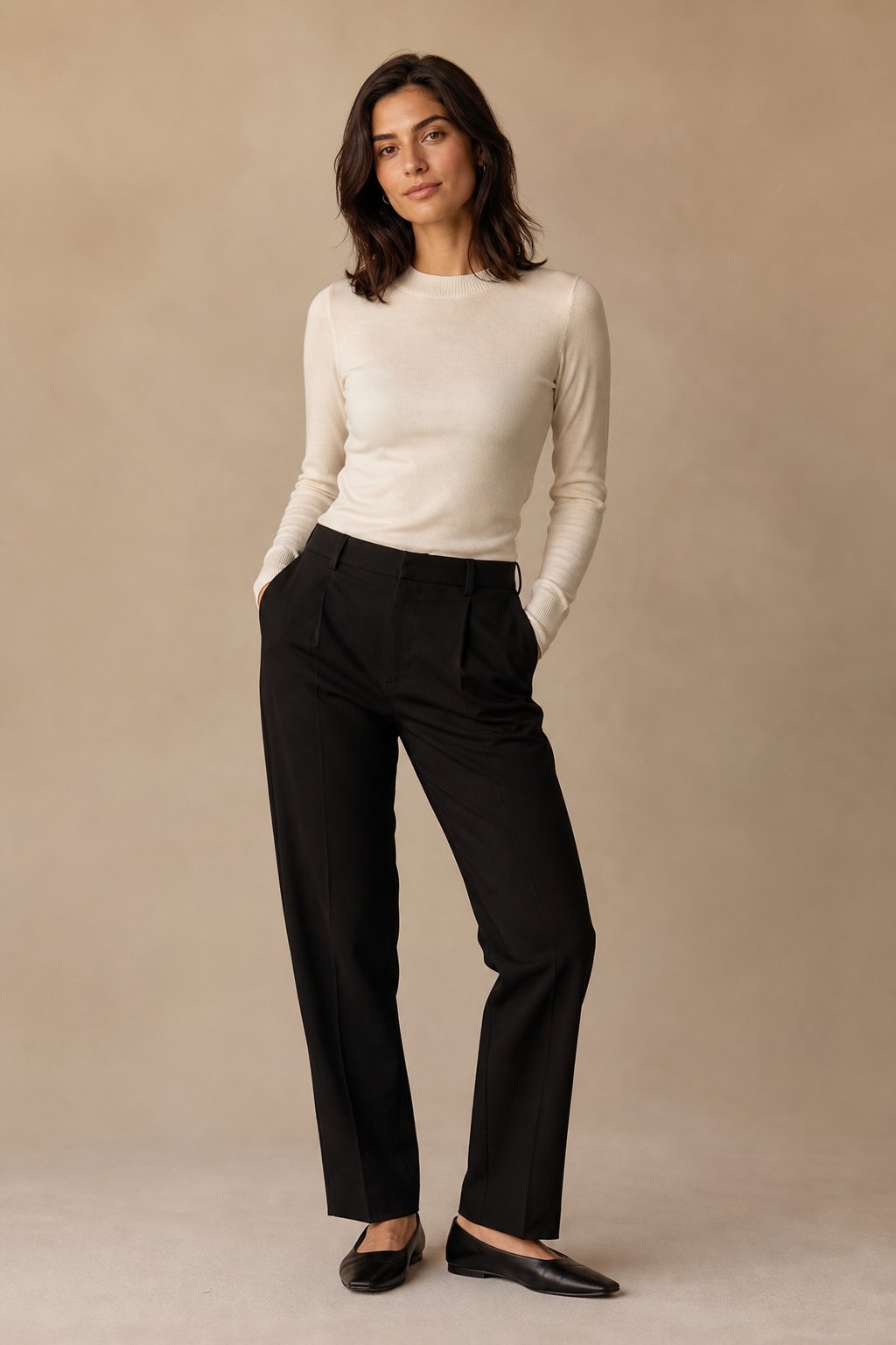Woman in her 20s in tailored black trousers, a fine-gauge knit top and flat shoes, styled for a day to night outfit