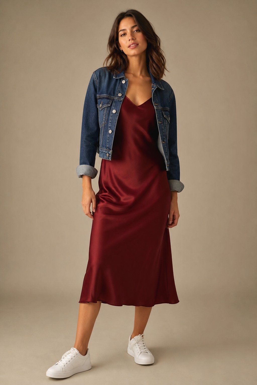 Woman in her 20s in a slip midi dress with a denim jacket and white sneakers for a casual to evening fall outfit
