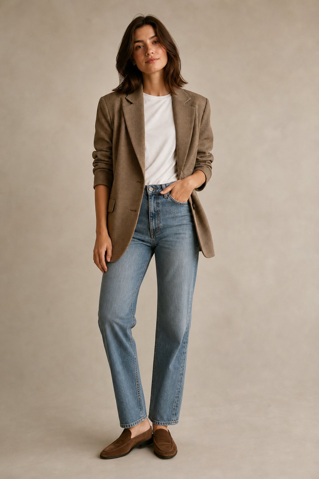 Woman in her 20s in a relaxed blazer over a white t shirt with straight leg jeans and loafers for a day to night look