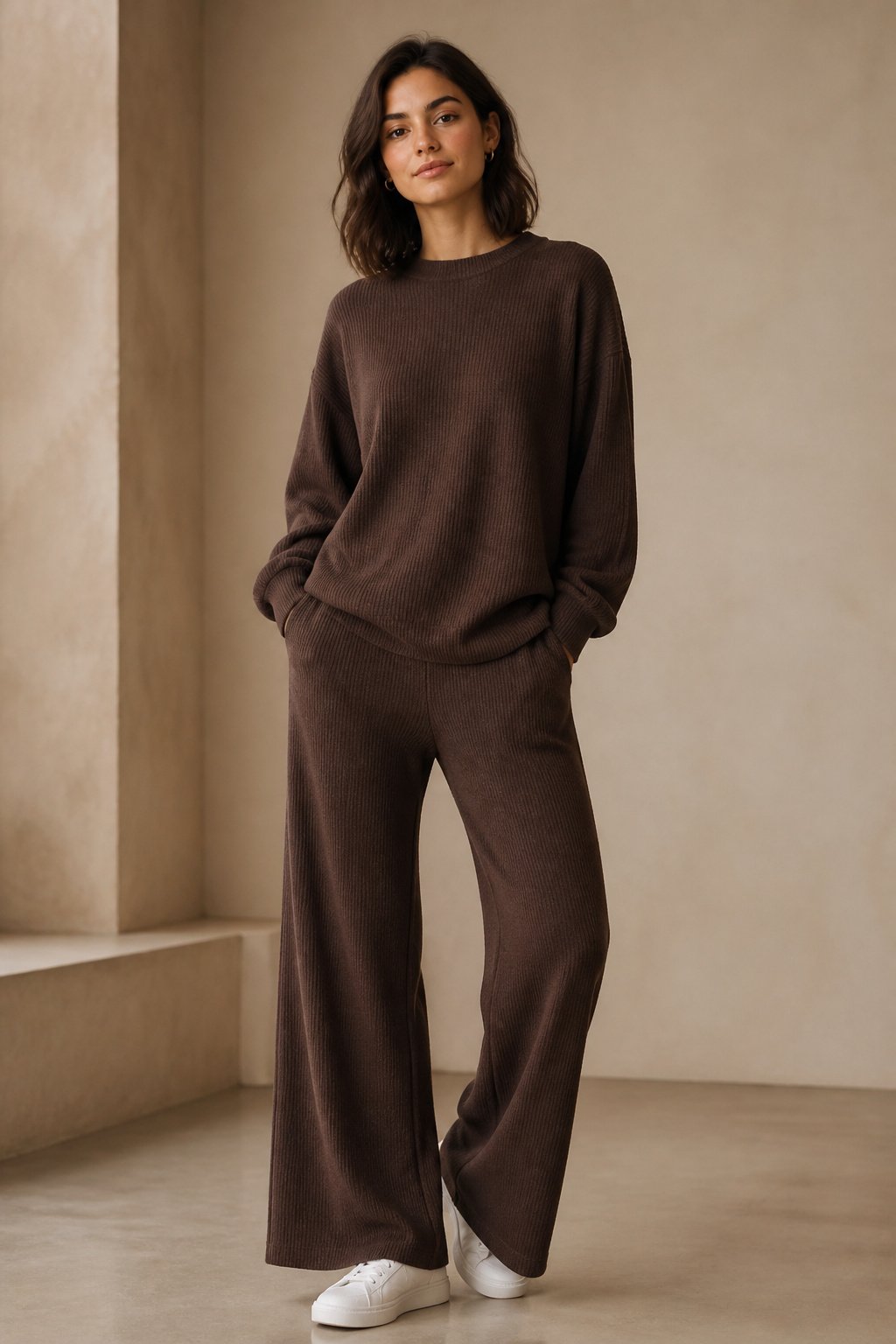 Woman in her 20s in a matching wide leg trouser set with white sneakers for a day to night outfit transition
