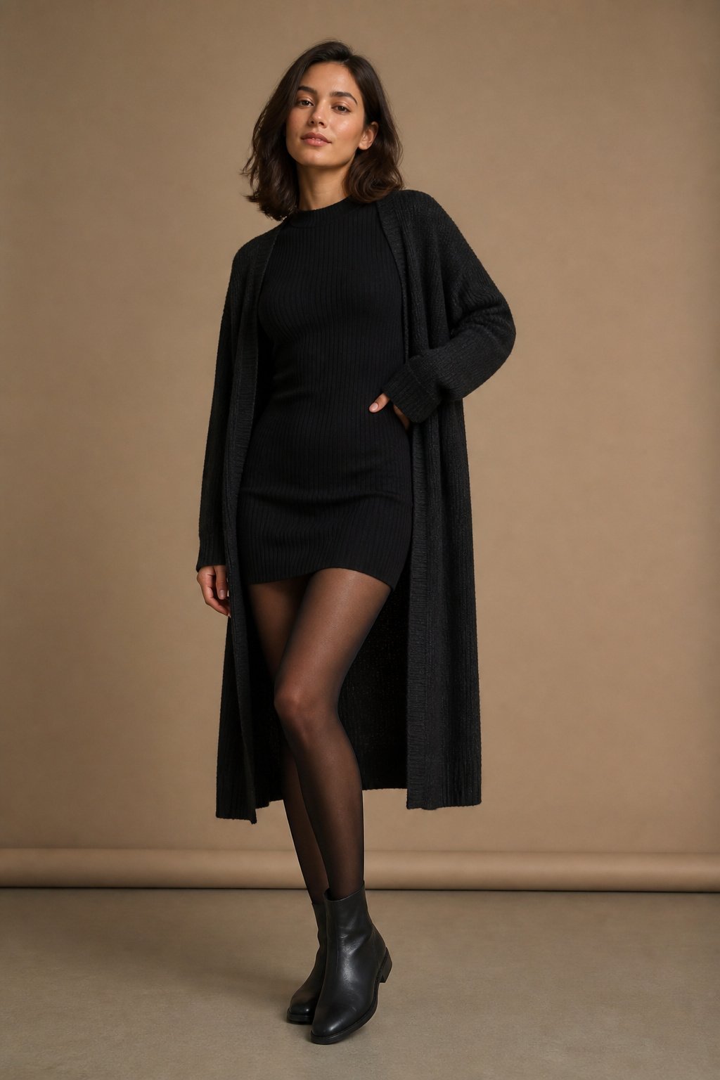 Woman in her 20s wearing a black knit mini dress with sheer tights and ankle boots for a day to night fall outfit