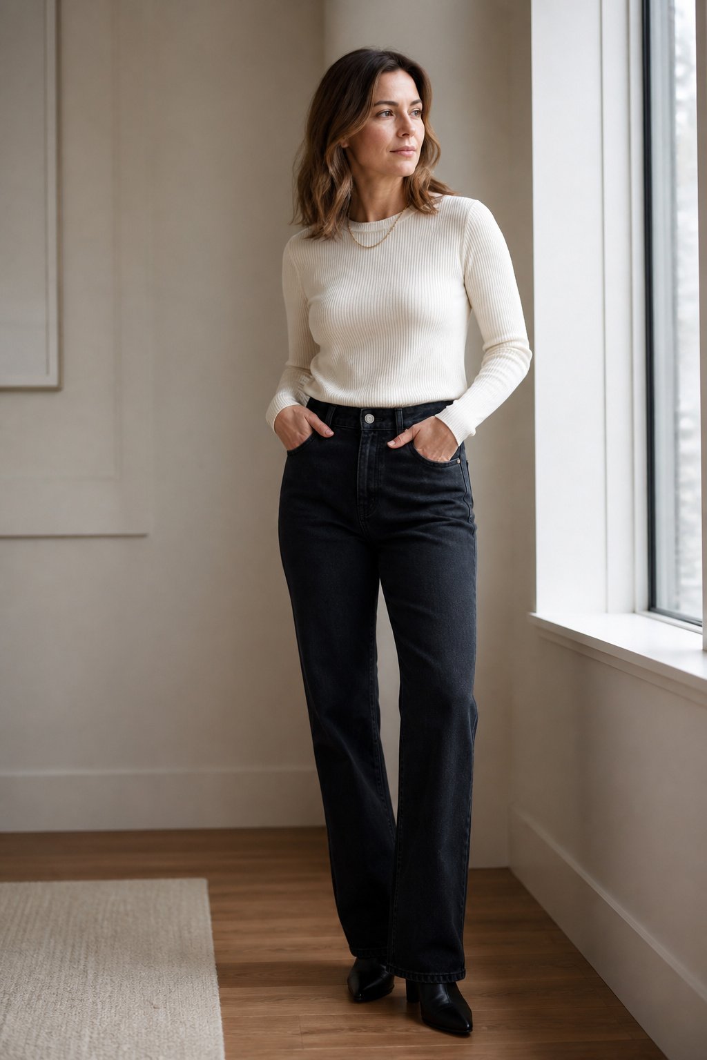Woman in her mid 30s wearing a fine gauge ribbed ivory layering tee with jeans and a thin necklace, fall wardrobe essential