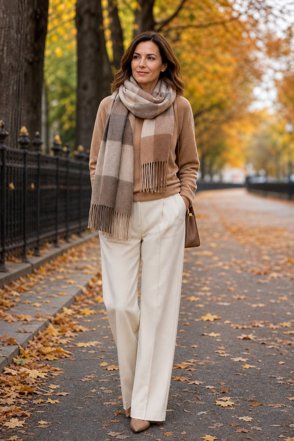 Woman in her mid 30s wearing a warm taupe wool blend plaid scarf over a camel knit top in an autumn street