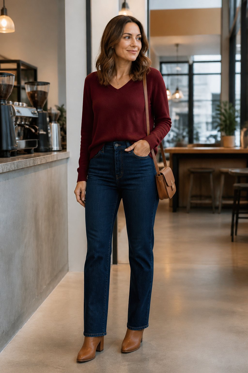 Woman in her mid 30s wearing high rise stretch straight leg dark jeans with a burgundy knit top and crossbody bag