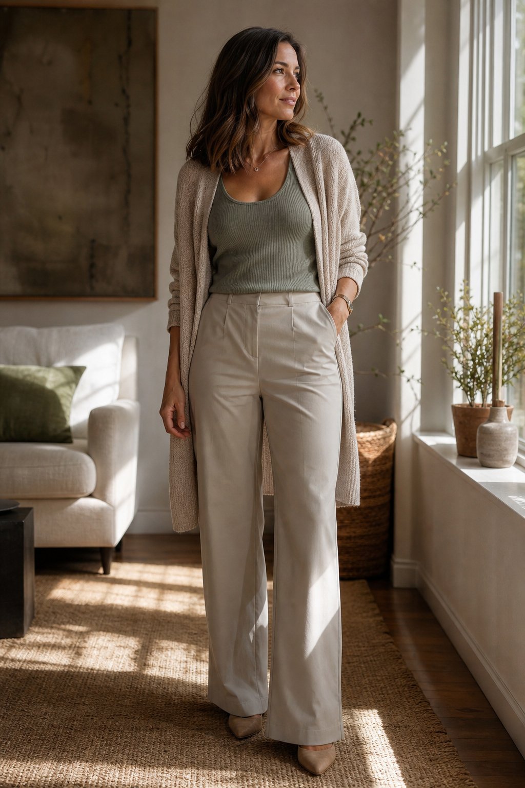 Woman in her mid 30s wearing a ribbed sage green knit tank under an open oatmeal cardigan with straight trousers