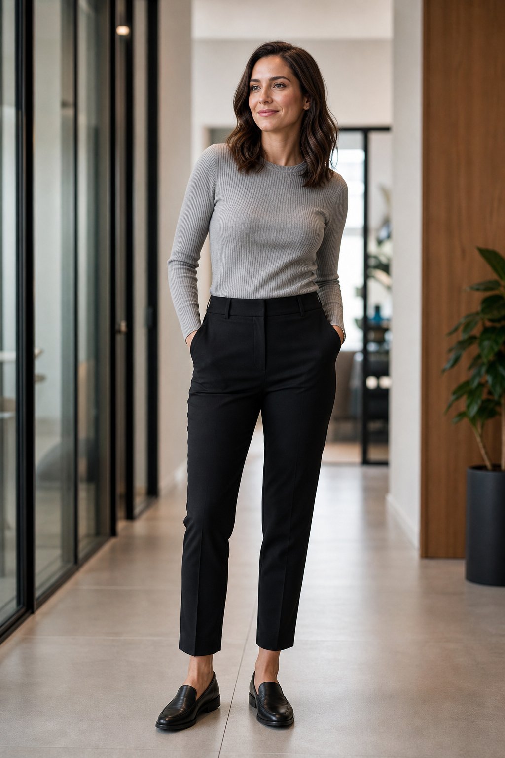 Woman in her mid 30s wearing high waisted black tapered ponte trousers with a grey knit top and slip on loafers in an office
