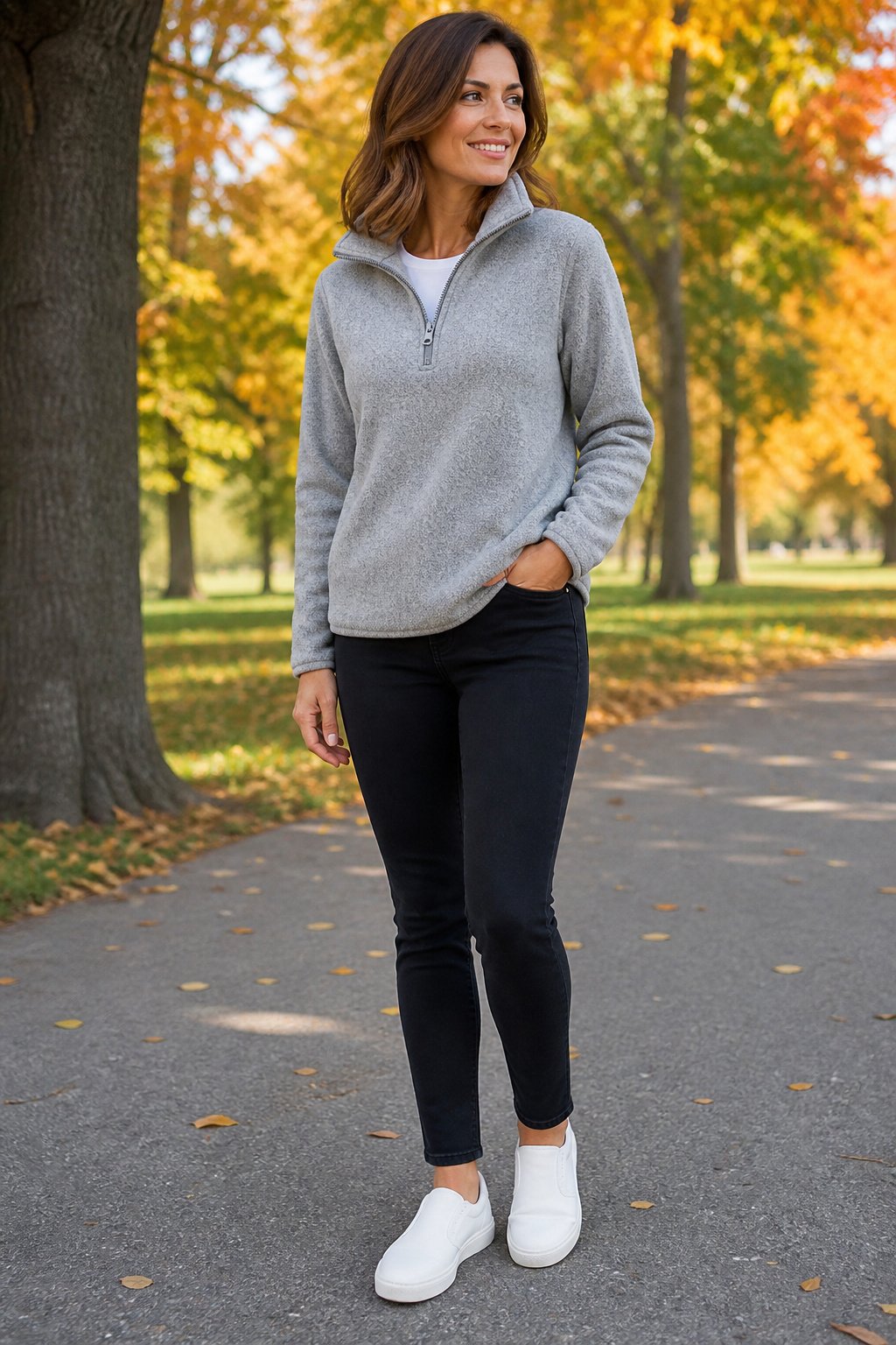 Woman in her mid 30s wearing a cozy heather grey fleece quarter zip over a white tee with dark ankle jeans and sneakers