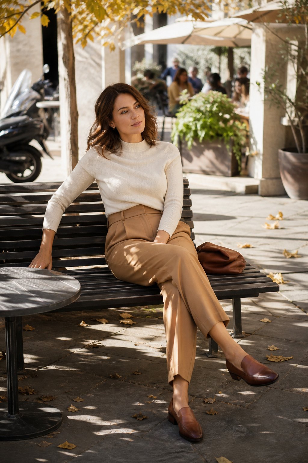 Woman in her mid 30s wearing camel tailored trousers a cream knit top and leather slip on loafers with a low block heel