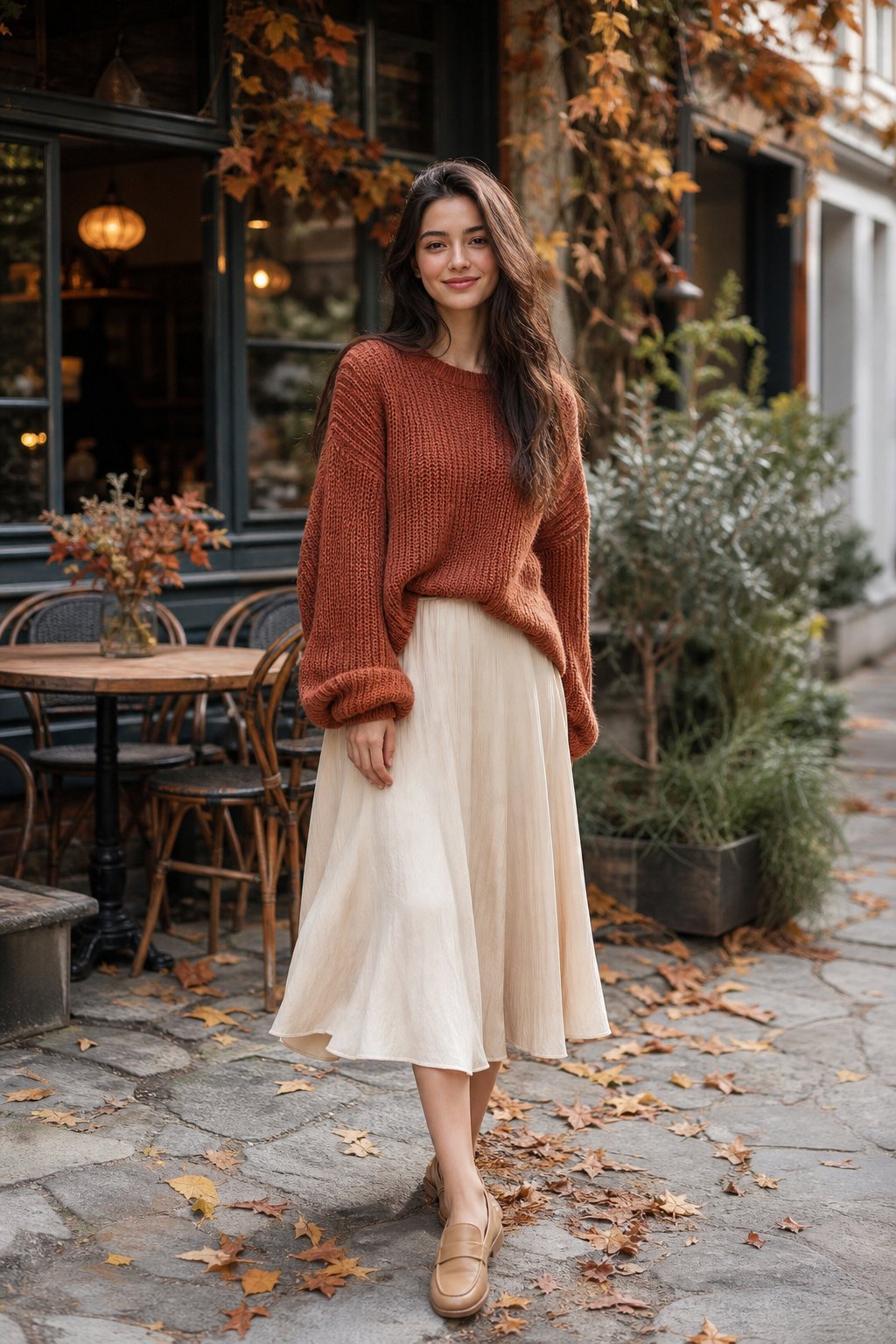 young woman in her 20s wearing a rust knit sweater with a cream skirt for a fall color pairing outfit