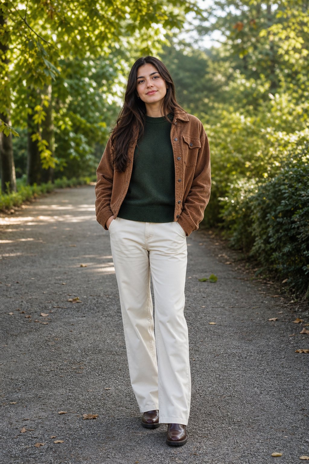 young woman in her 20s in a forest green sweater with tan trousers fall pairing