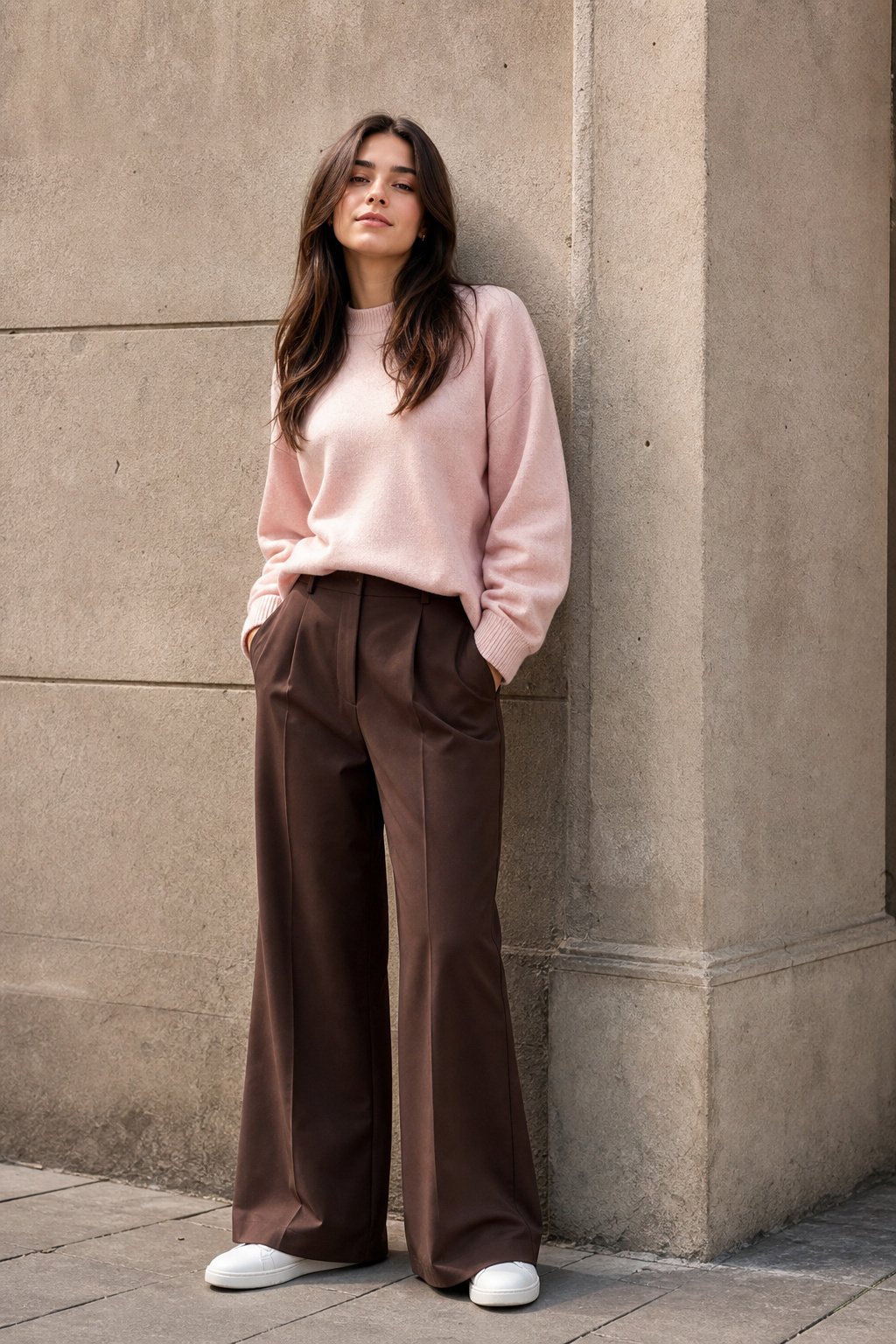 young woman in her 20s wearing chocolate brown trousers with a soft blush knit