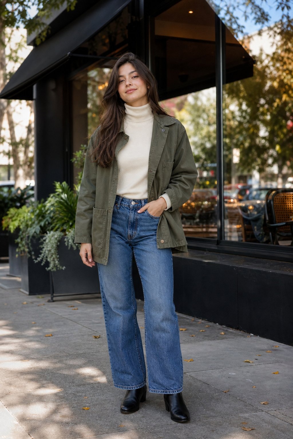 young woman in her 20s in an olive utility jacket with an ivory knit