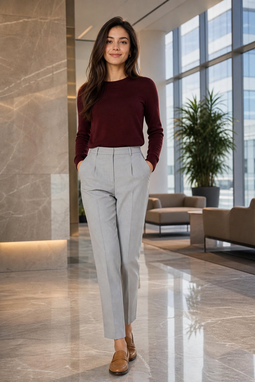 young woman in her 20s wearing a burgundy top with light grey trousers