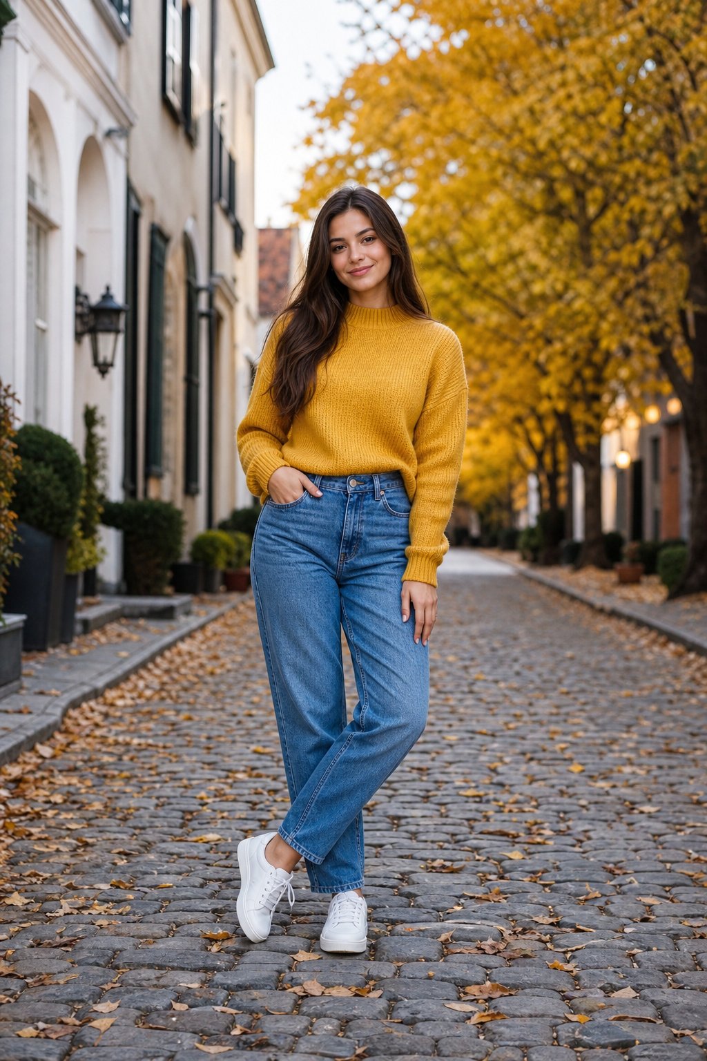 young woman in her 20s in a mustard yellow sweater with blue jeans fall pairing