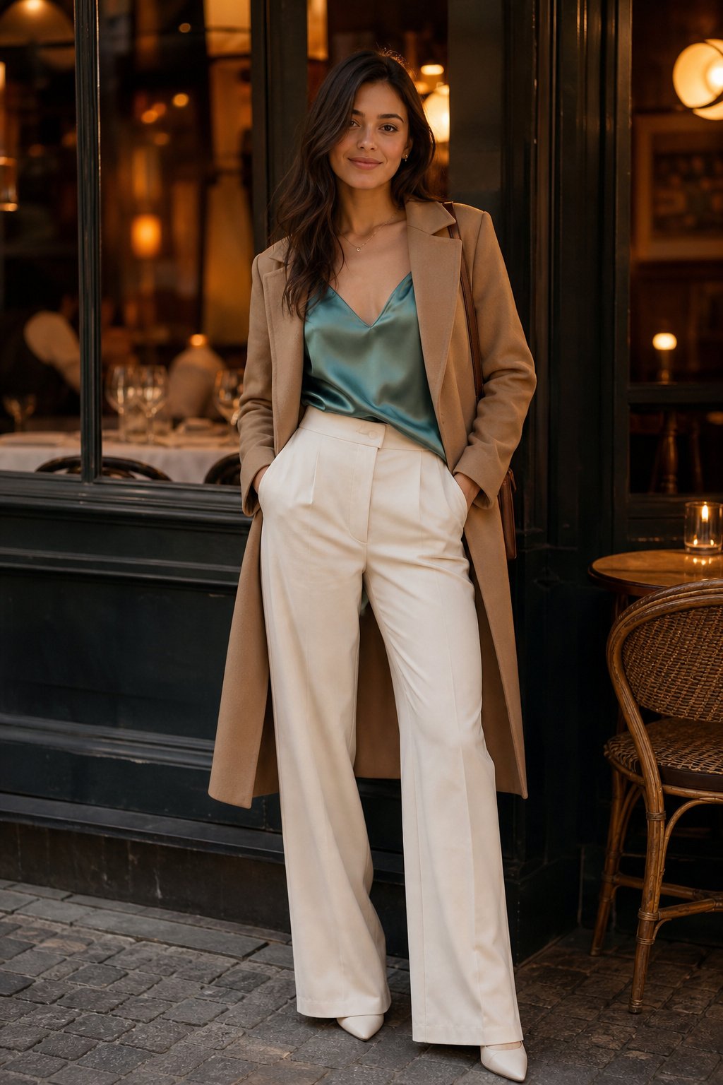 young woman in her 20s in a muted teal top with a warm camel coat