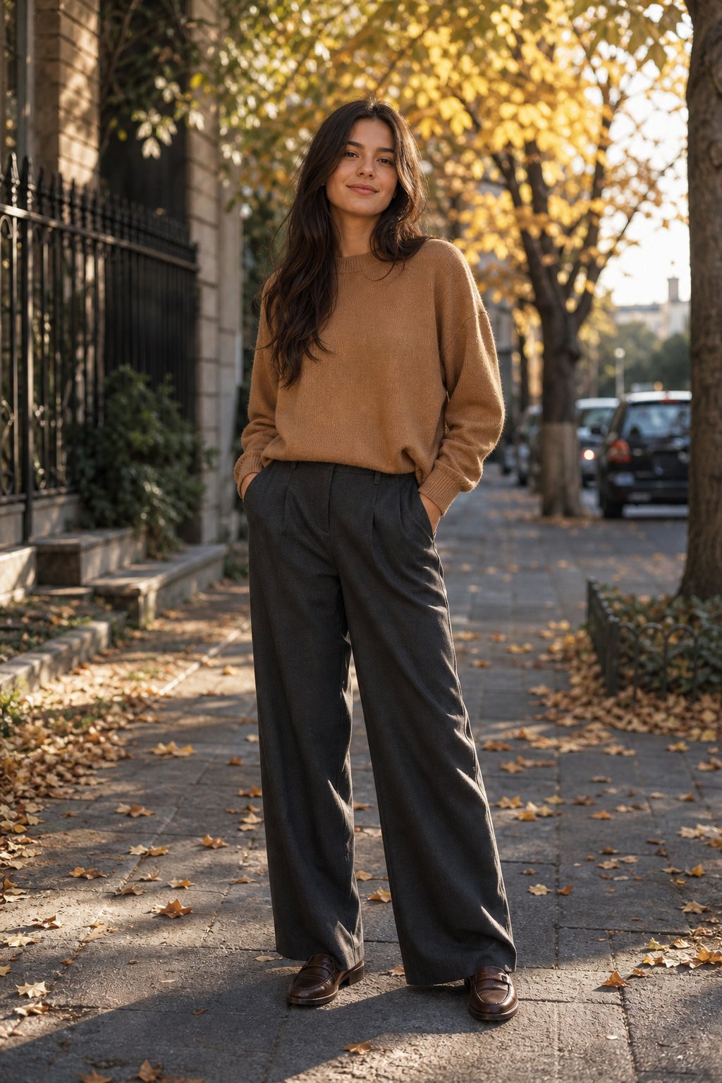 young woman in her 20s wearing a caramel knit with charcoal wide-leg trousers