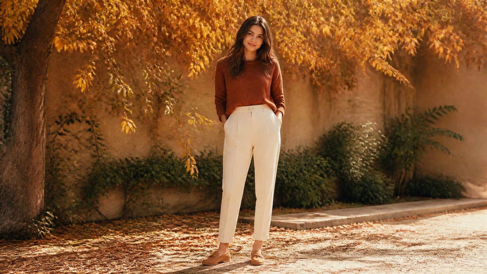young woman in her early 20s in a rust knit and cream trousers on an autumnal street, fall color pairings for women in their 20s