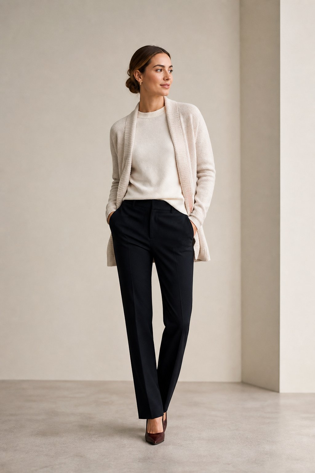 Woman in her early 30s layering a fine-gauge cream knit crewneck under an open knit cardigan instead of one chunky sweater