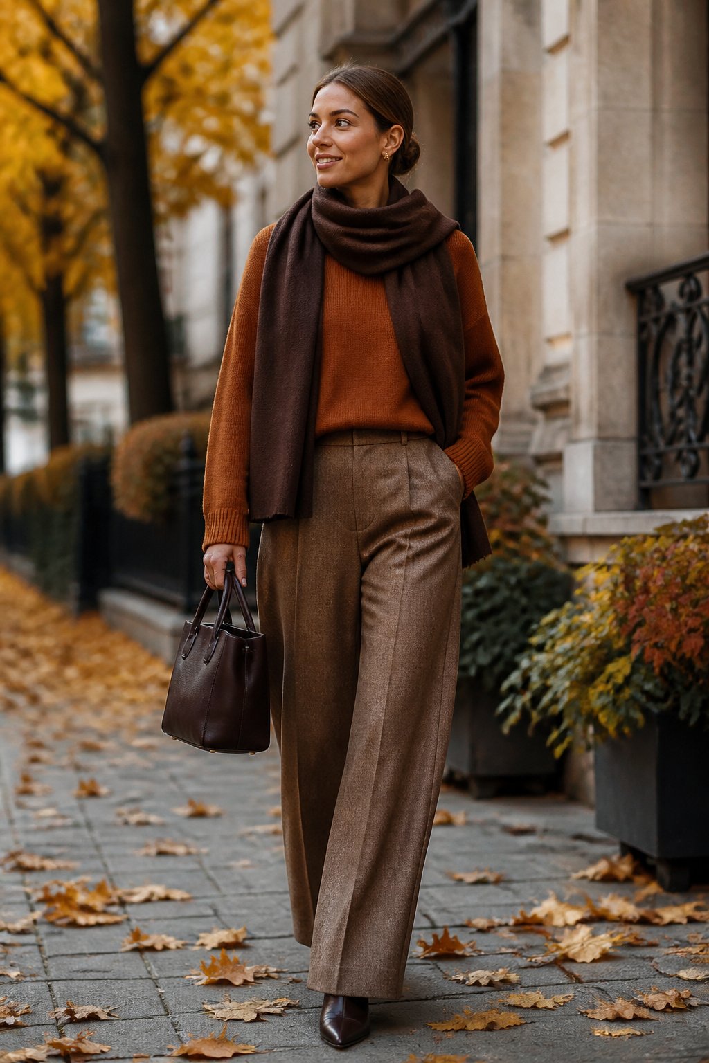 Woman in her early 30s wearing a rich camel and rust sweater with a chocolate scarf, warm fall neutrals