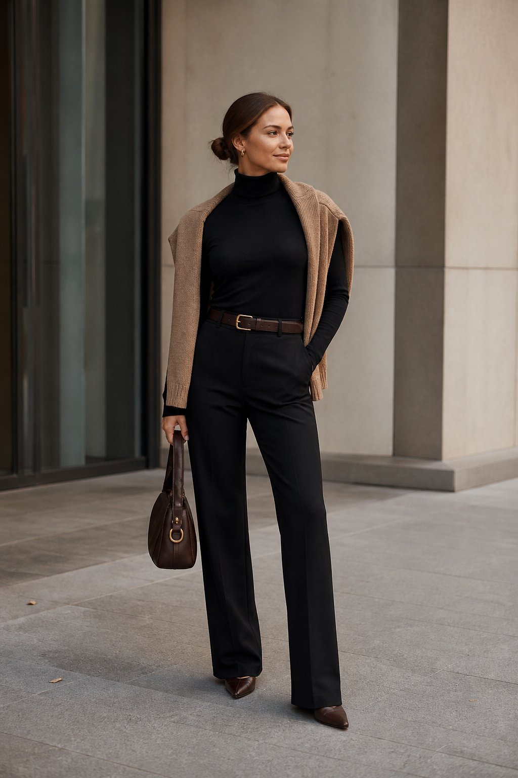 Woman in her early 30s in a black turtleneck and trousers broken by a warm camel knit and leather belt