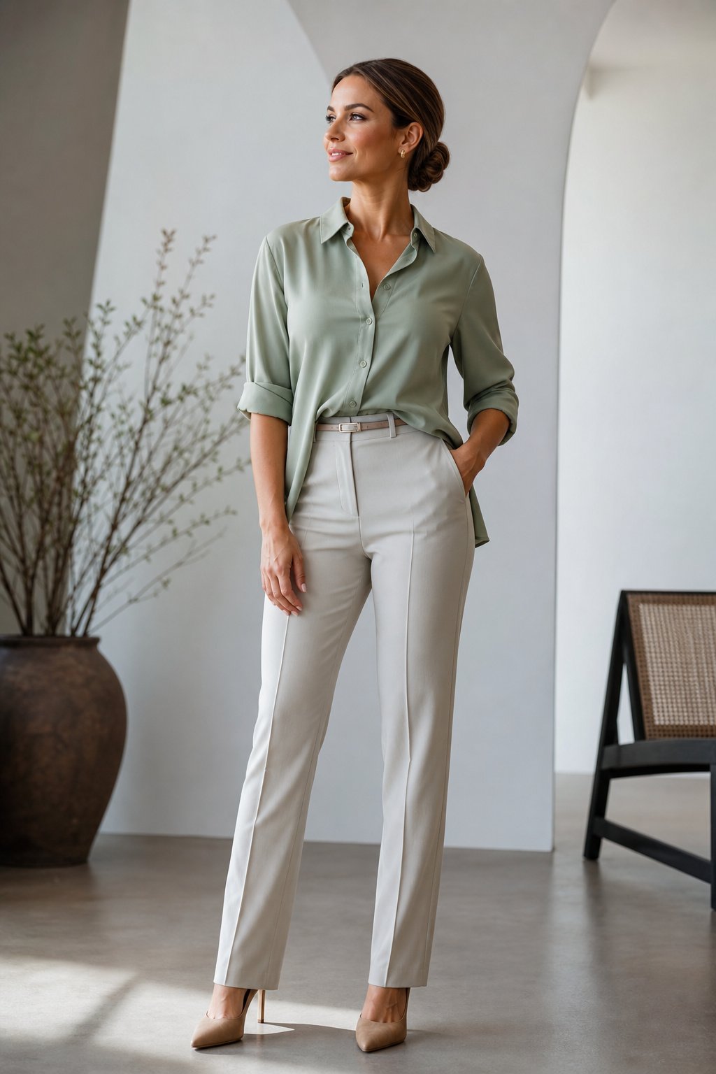 Woman in her early 30s with a sage blouse tucked in a controlled half tuck into high-rise trousers with a belt