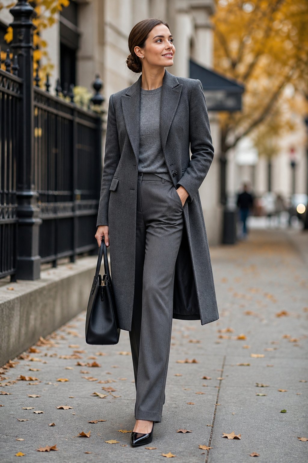 Woman in her early 30s in a properly fitted grey wool coat hitting below the knee over a fine-gauge knit and trousers