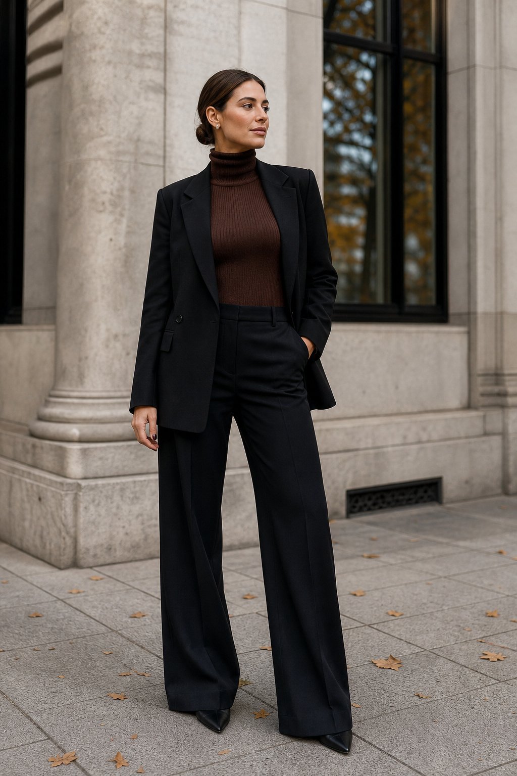 Woman in her early 30s in relaxed wide-leg trousers balanced by a fitted chestnut turtleneck and structured blazer