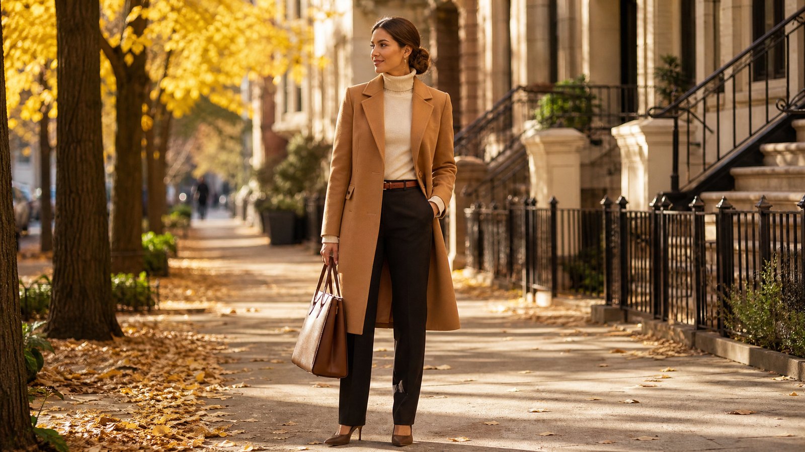Polished woman in her early 30s in a fitted camel wool coat over a cream turtleneck and tailored trousers for fall