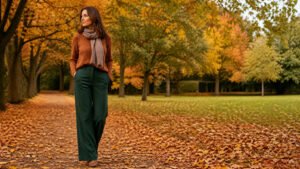 Stylish woman in her 40s wearing a warm caramel knit sweater and forest green trousers in an autumn park, flattering fall color combination