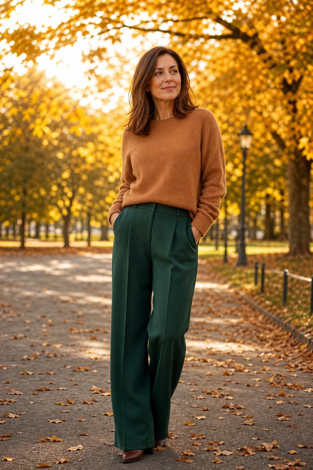 Woman in her 40s wearing a warm caramel knit top with deep forest green trousers for a flattering fall color combination