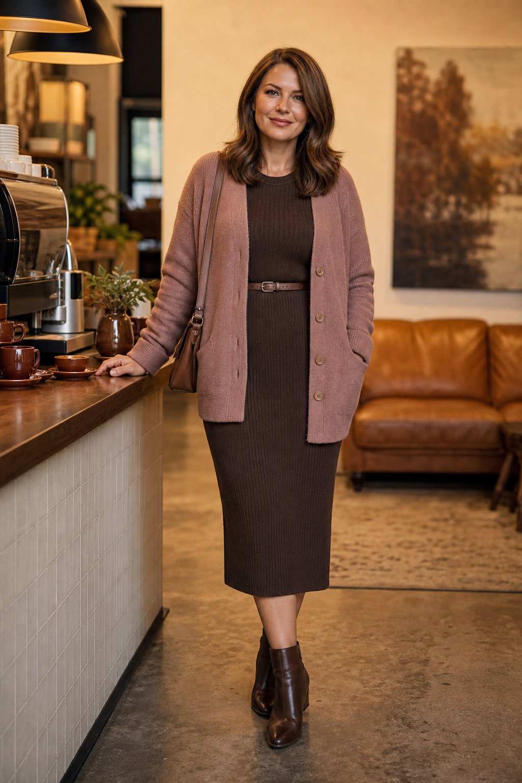 Woman in her early 40s wearing a dusty rose cardigan over a chocolate brown dress for a flattering fall color pairing