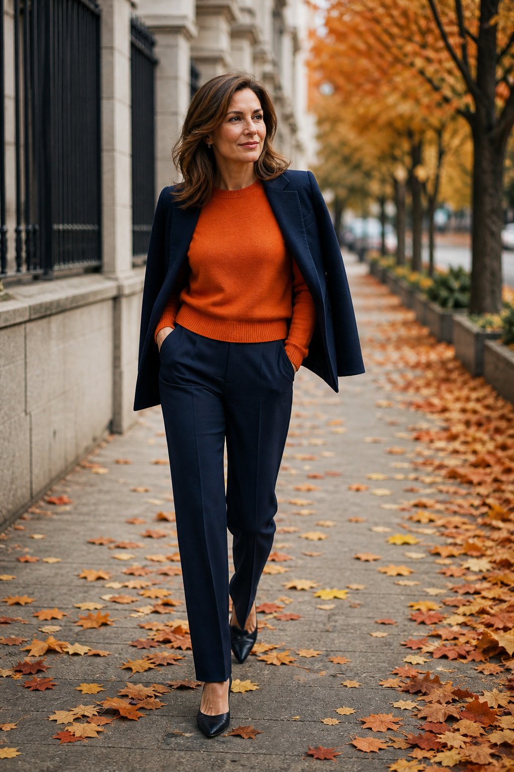 Woman in her 40s wearing a burnt orange sweater with inky navy trousers for a bold flattering fall color combo