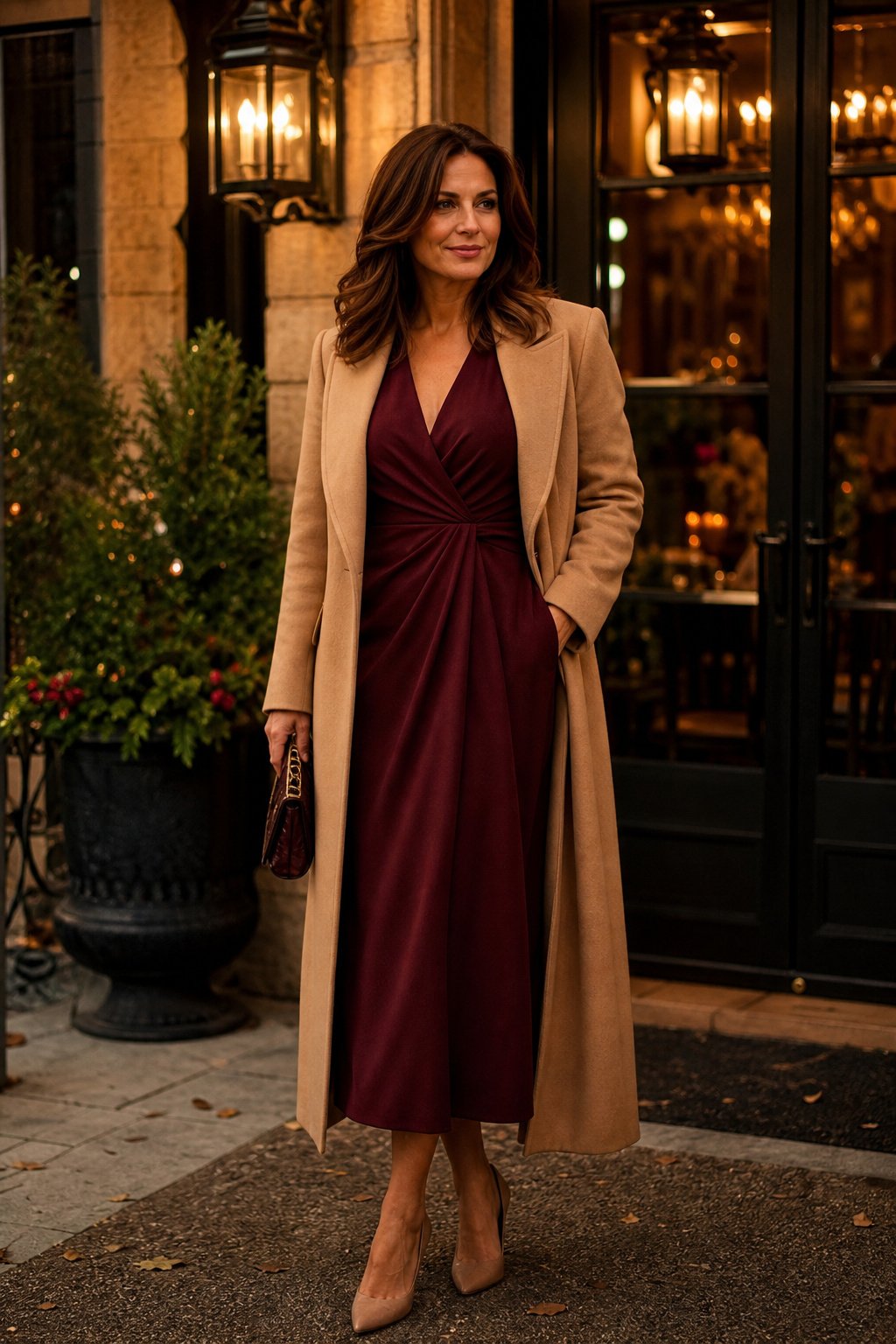 Mature woman around 45 wearing a burgundy midi dress with a camel coat for an elegant fall color combination