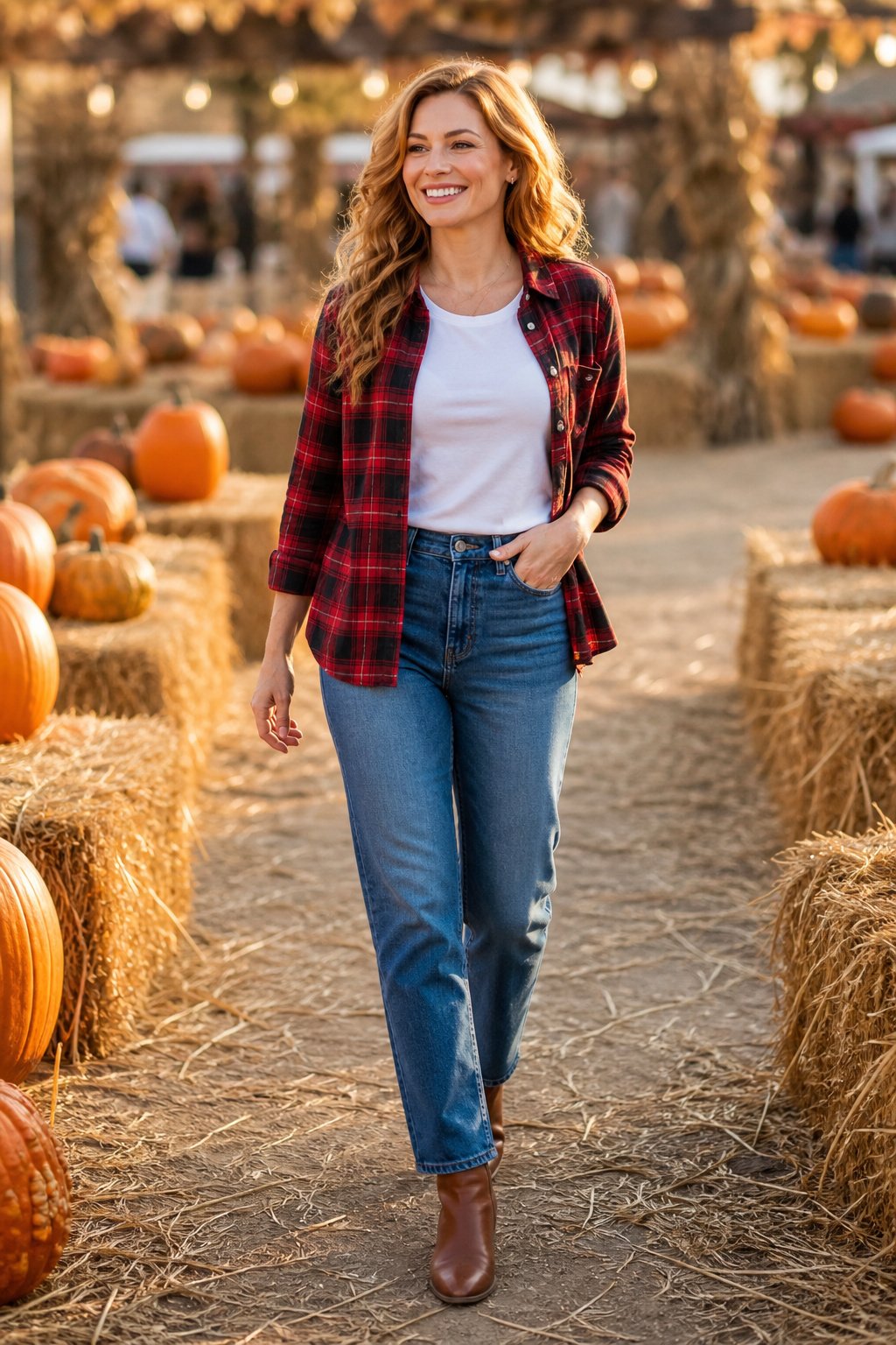 Woman in early 30s wearing a red and black plaid flannel shirt over a white tee with straight leg jeans and ankle boots at a fall festival
