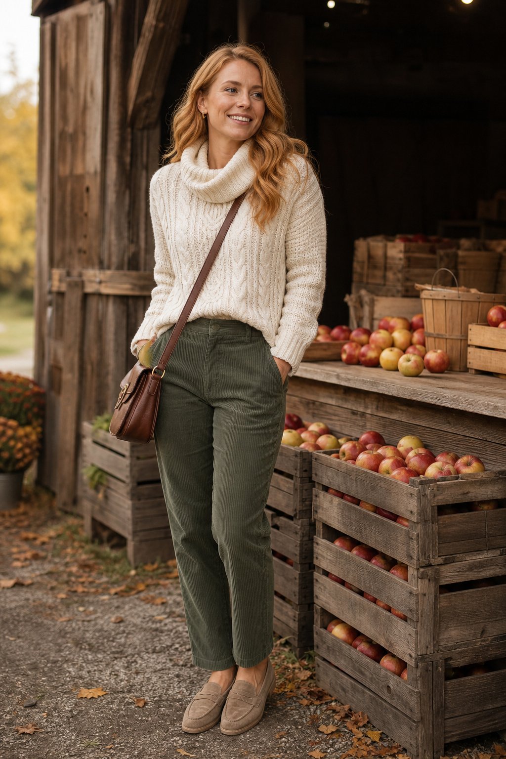 Woman in early 30s in a cream cable knit sweater and moss green corduroy trousers standing by an apple cider stand at a fall festival