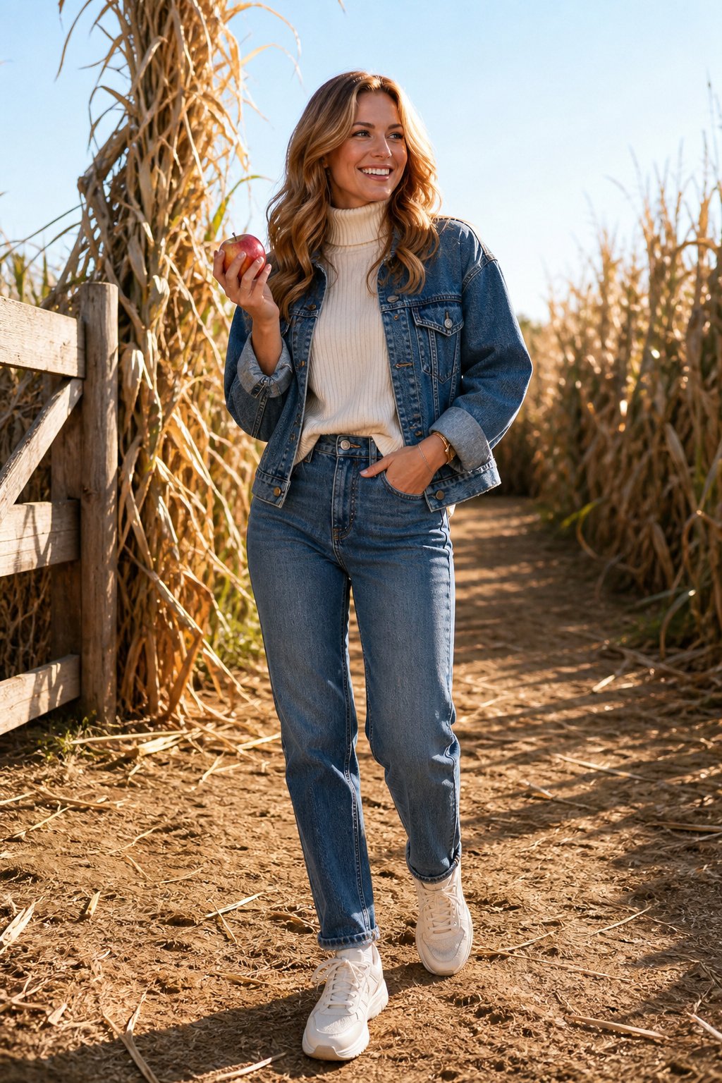 Woman in early 30s wearing a denim jacket over a cream turtleneck with straight jeans and chunky sneakers at a corn maze