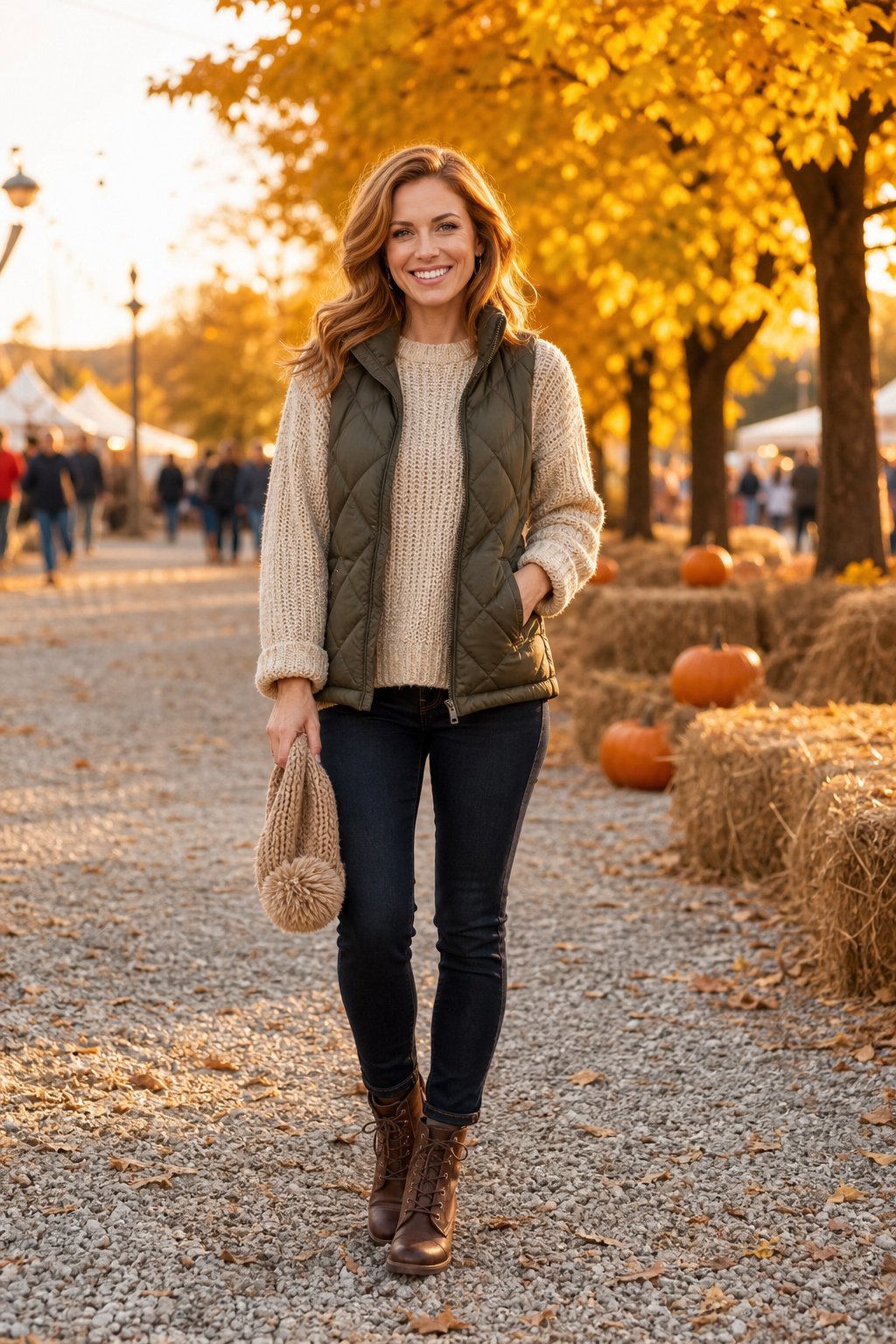 Woman in early 30s in a quilted olive puffer vest over a chunky oatmeal knit with dark jeans and lace up boots on a gravel path