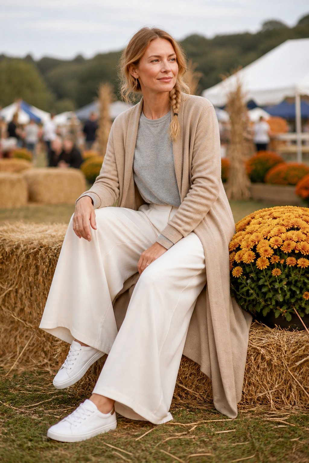 Woman in early 30s wearing a long camel cardigan over a grey tee with wide leg cream trousers and white sneakers by hay bales