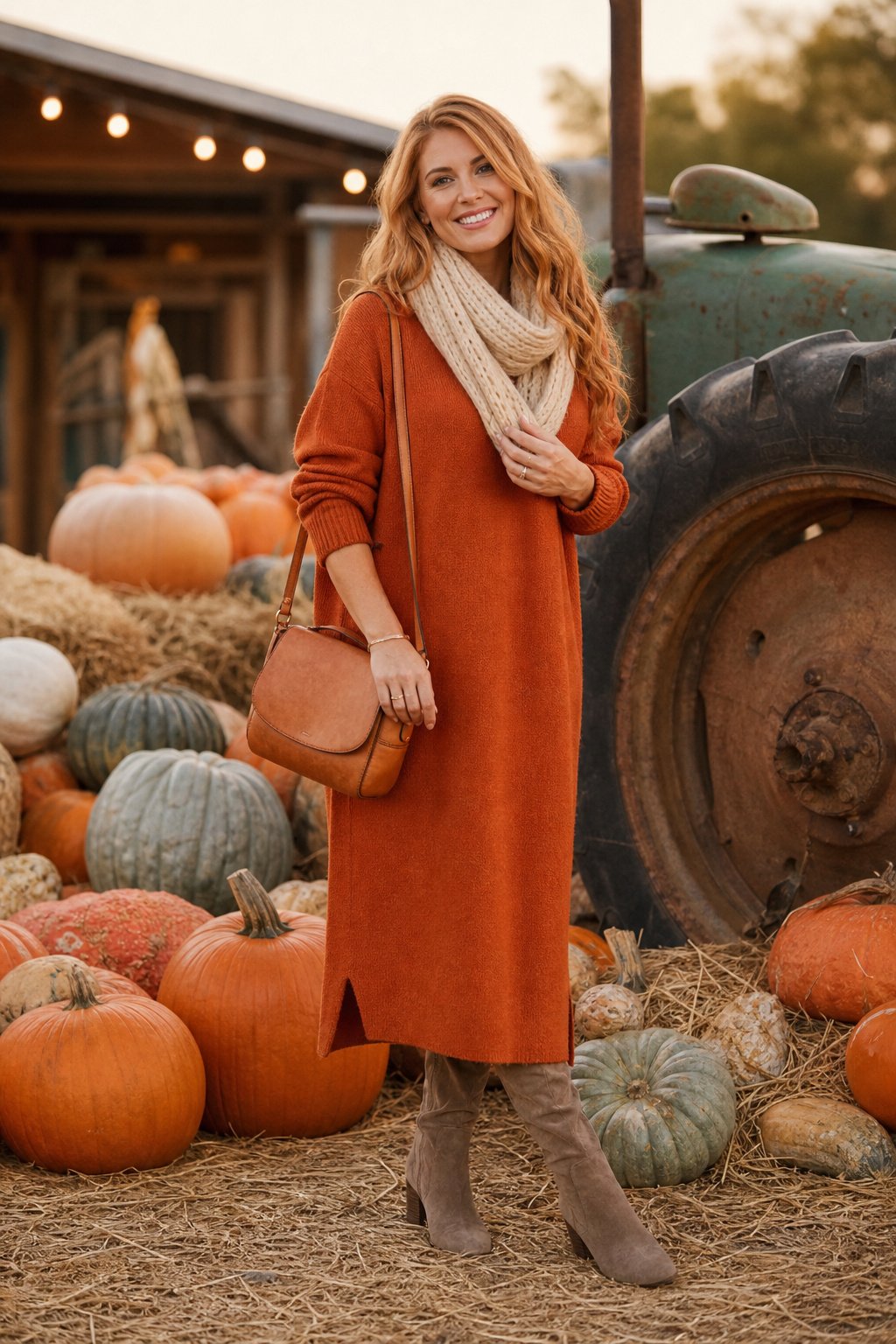 Woman in early 30s wearing a rust orange oversized sweater dress with a chunky cream scarf and tall taupe suede boots at a fall festival