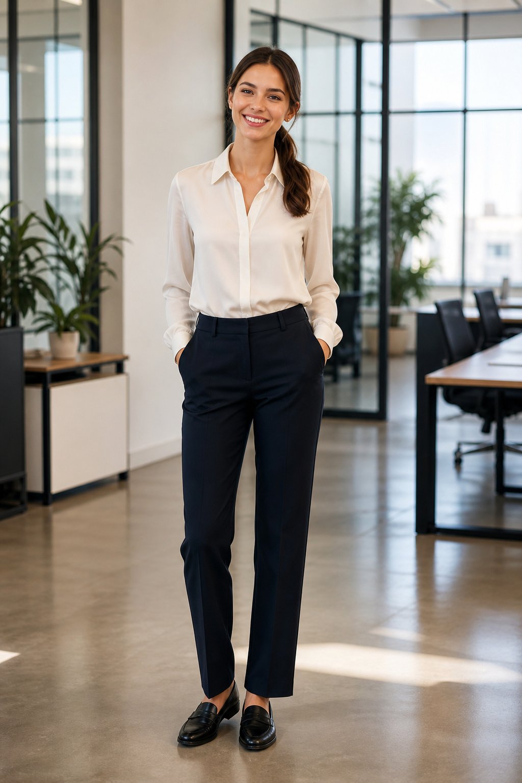 young professional woman in her 20s wearing a cream blouse and dark work trousers at her first office job