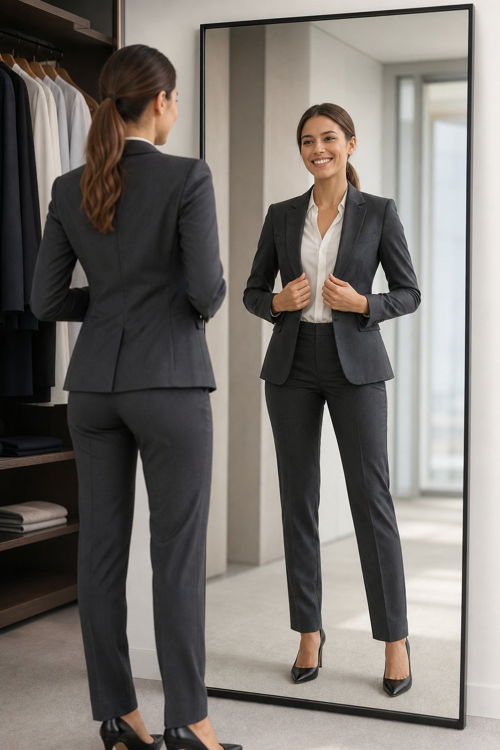 well tailored blazer fitting perfectly on a young woman in her mid 20s at her first professional job