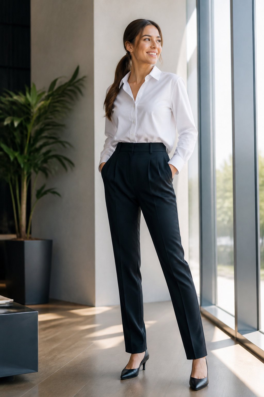 young professional woman in her 20s wearing a crisp white collared blouse tucked into high waisted trousers