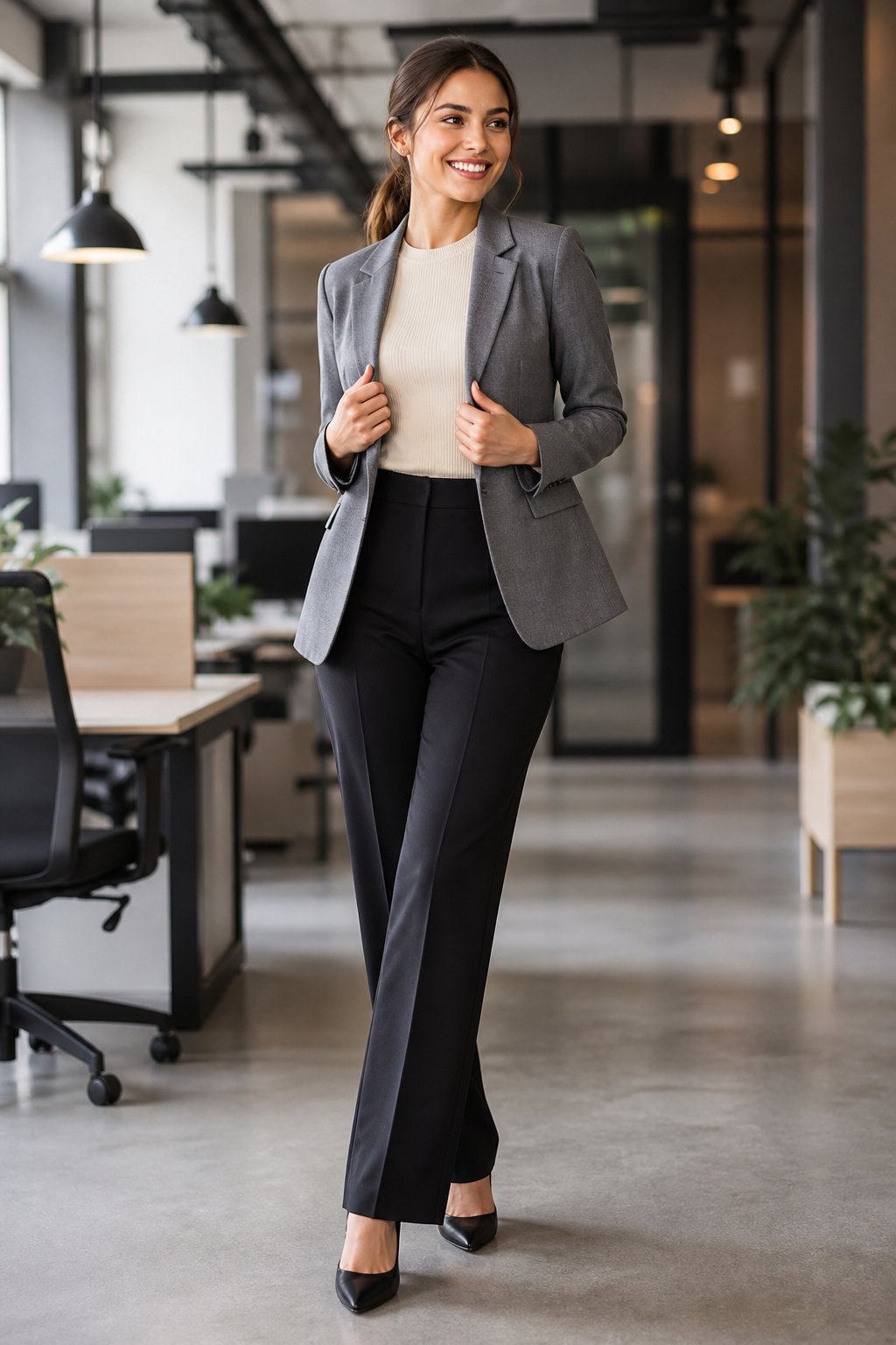 young woman in her 20s wearing a structured blazer over a simple knit top for smart casual office style