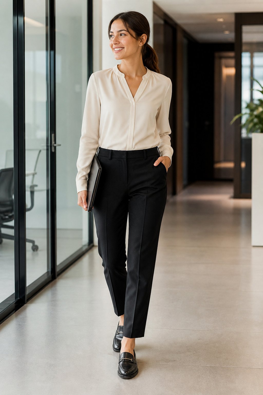 young woman in her 20s wearing comfortable but polished black loafers at her first office job